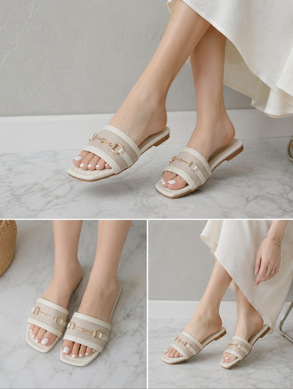Liliana Beige and Cream Slide Mules with Gold Accent Size 6.5